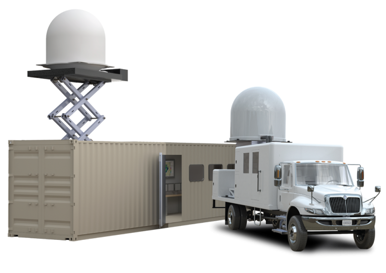 A custom mobile unit and portable shipping container with elevating platform and interior space from EWR Radar Systems.