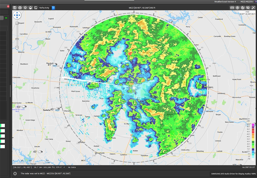 An example of the WeatherScout 4 radar control and display software program showing conditions over Columbia, Missouri.