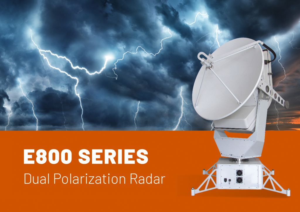 The E800 Series Dual Polarization Radar with the dish tilted up toward a highly active lightning storm.