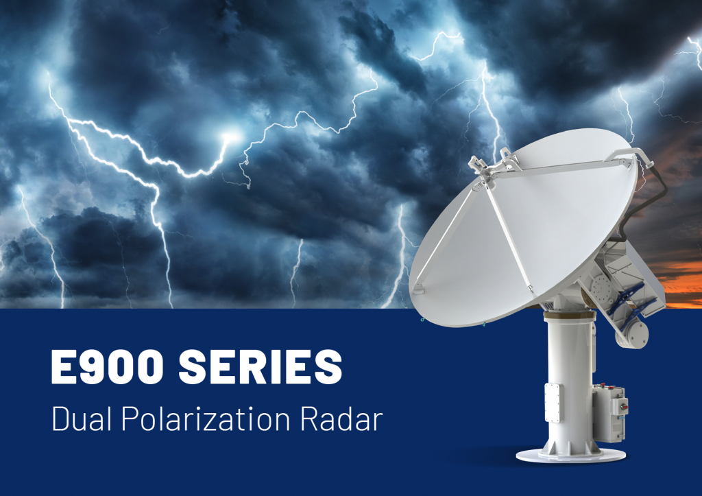 The E900 Series Dual Polarization Radar with the dish tilted up toward a highly active lightning storm.