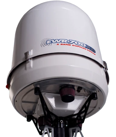 White satellite dish antenna housed in a protective dome, mounted on a pole with supporting hardware.