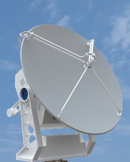 Parabolic satellite dish mounted on a white support structure against a blue sky.